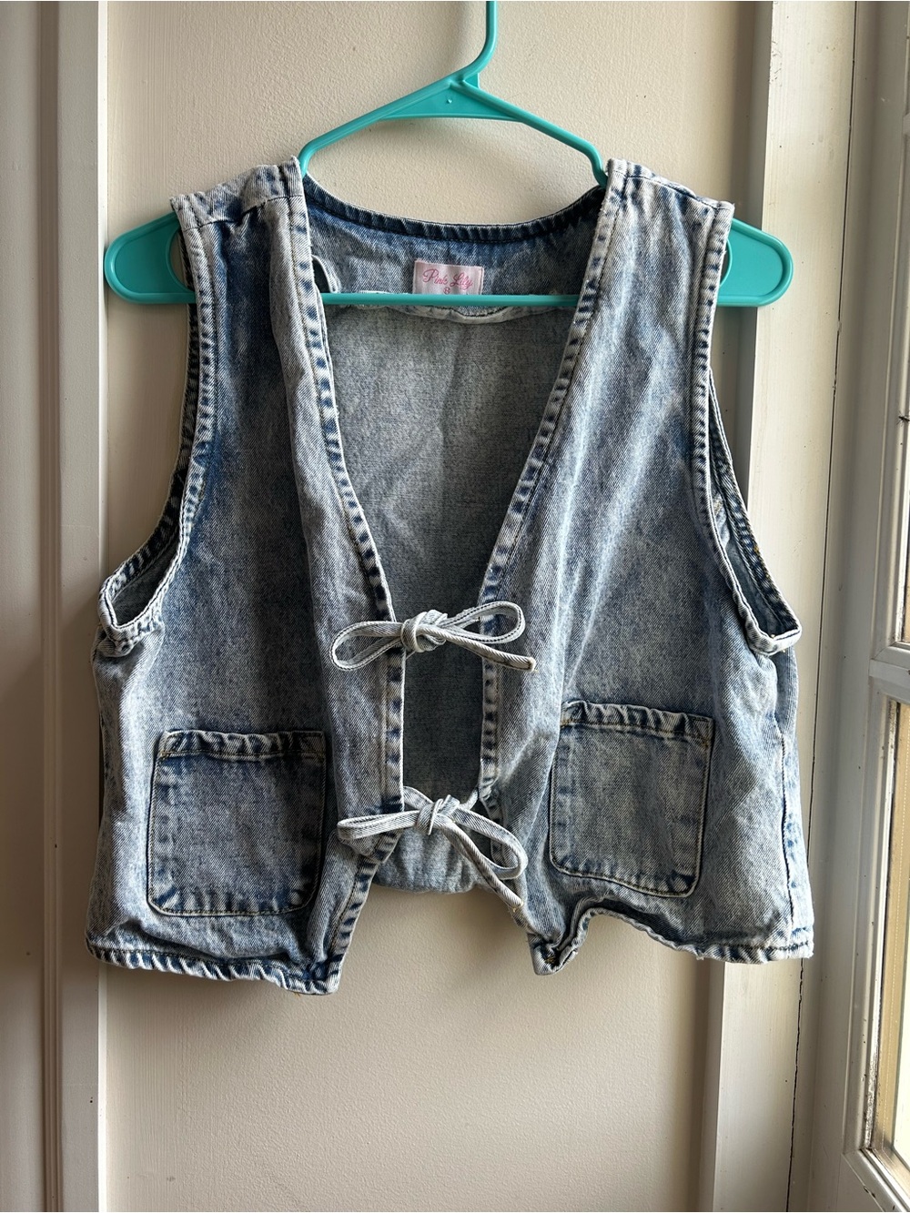 Pink Lily Light Wash Denim Tie-Front Vest - Blue